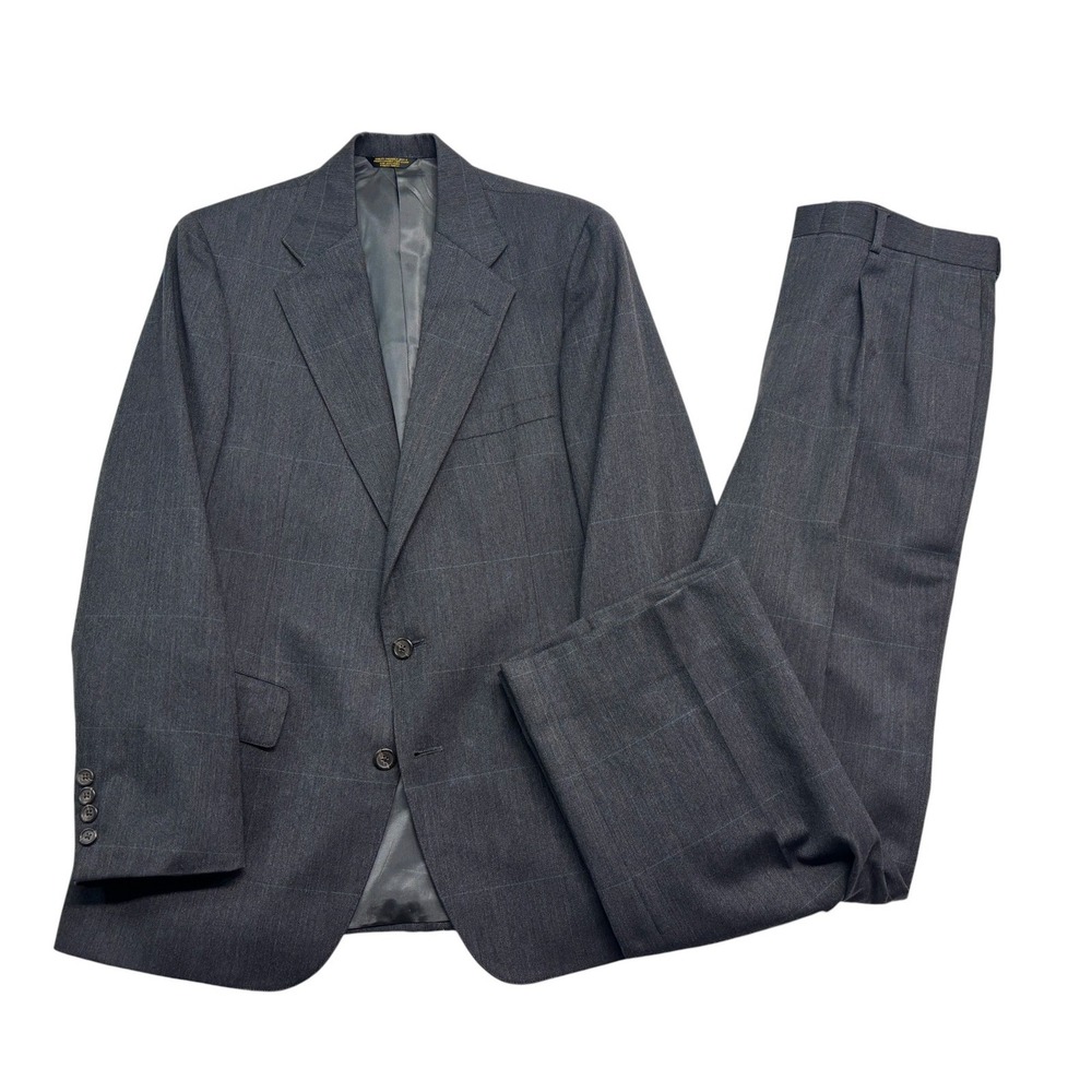 vtg 90s USA Made 38R 32x30 Gray Herringbone Stripe 2pc Pant Suit Wool Wide Leg